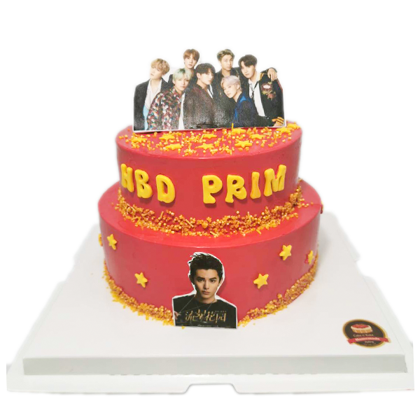 36604 เค้ก2ชั้นสีแดง ตัวอักร และตกแต่งสีทอง - Image 1