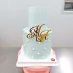 เค้กแต่งงาน2ชั้นสีฟ้า ตกแต่งทองคำเปลวและไข่มุก - Image 3