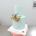 เค้กแต่งงาน2ชั้นสีฟ้า ตกแต่งทองคำเปลวและไข่มุก - Image 5