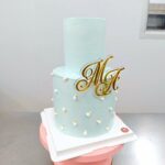 เค้กแต่งงาน2ชั้นสีฟ้า ตกแต่งทองคำเปลวและไข่มุก - Image 4