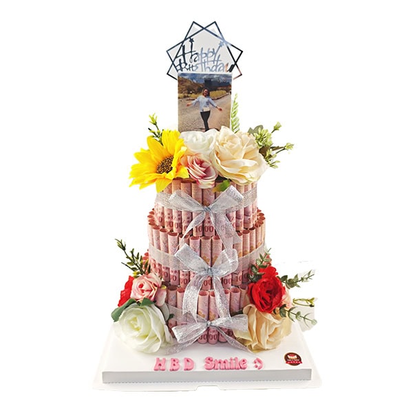 เค้กม้วนเงิน ตกแต่งดอกไม้สด สกรีนรูปภาพPop-up